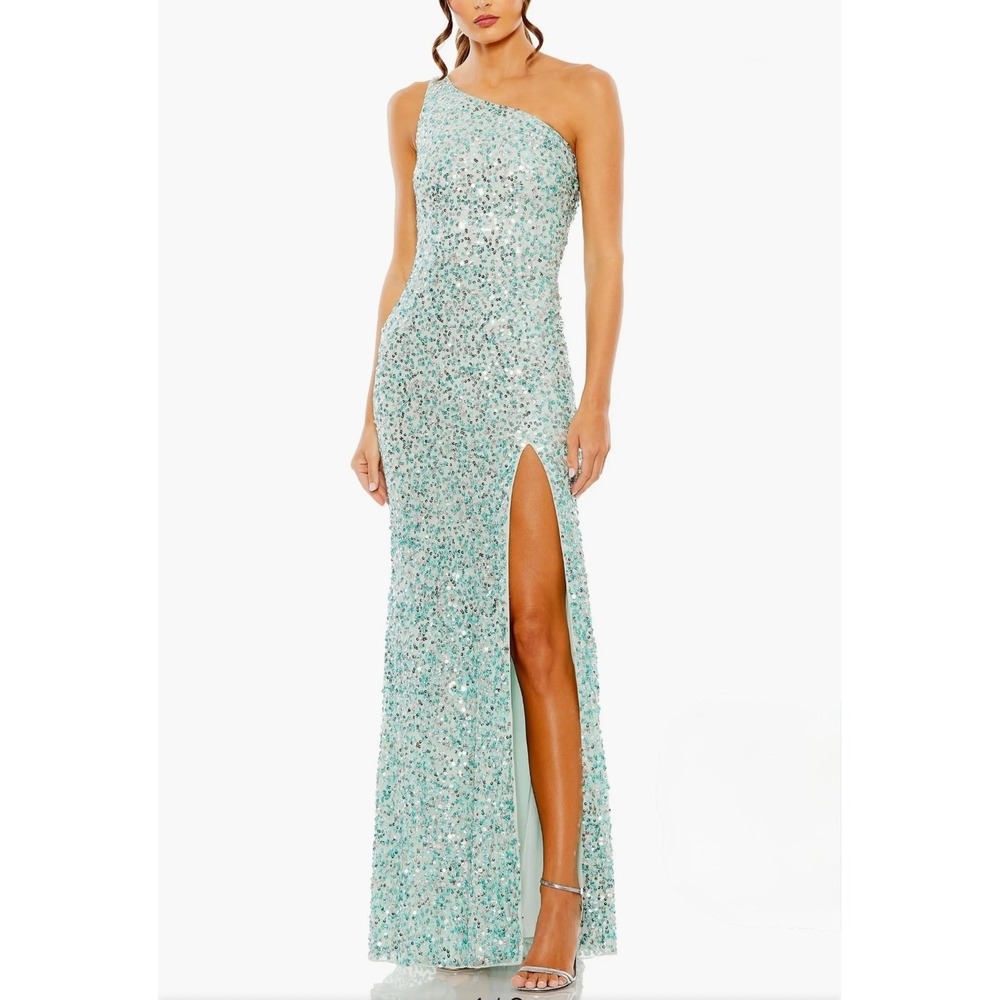 Mac Duggal Gown Size 12‎ Aqua Blue One Shoulder Aqua Sequin Formal Dress Wedding